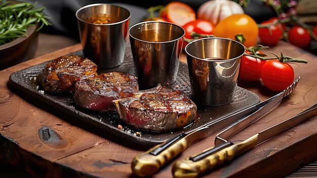 Foto ein tablett mit steaks, ein messer und etwas anderes essen auf einem tisch