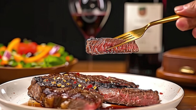 Foto ein teller mit steaks und ein glas wein mit einer gabel drin