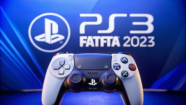 Foto ein videospiel-controller wird vor einem blauen hintergrund angezeigt