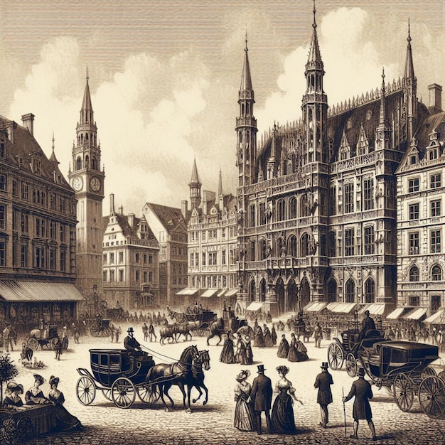 Foto ein vintage-foto einer stadt mit vielen menschen und pferden