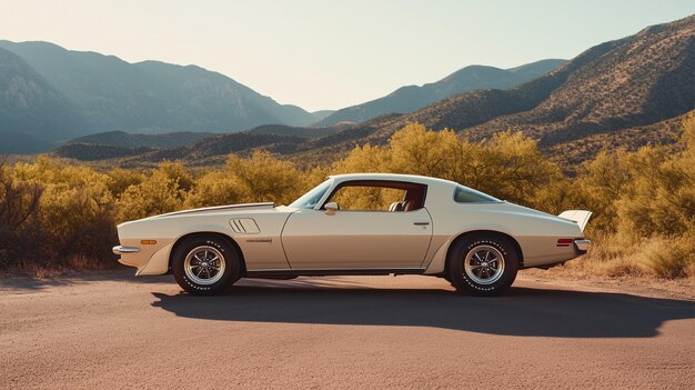 Foto ein vintage-muscle-auto aus den siebziger jahren, geparkt auf einer staubigen straße mit glänzendem chrom und kühnen streifen