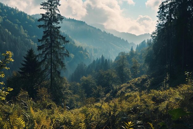 Foto ein wald, der mit vielen grünen bäumen gefüllt ist