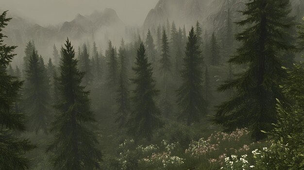 Foto ein wald mit einem berg im hintergrund und einigen bäumen