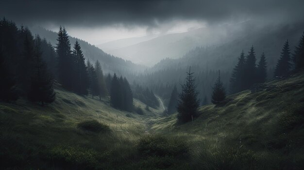 Foto ein wald mit einem berg im hintergrund