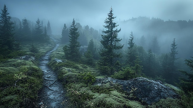 Foto ein wald mit einem bergstrom und bäumen im hintergrund