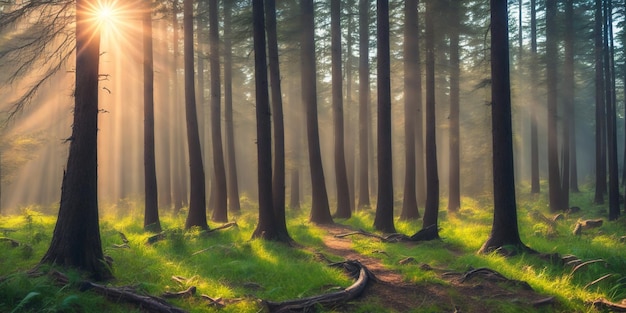 Foto ein wald mit einem sonnendurchbruch im hintergrund