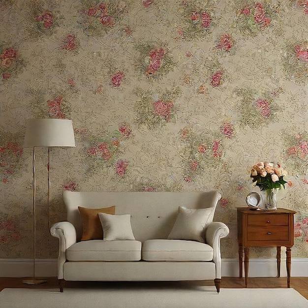 ein Wohnzimmer mit einer Couchlampe und einem Wandpapier mit einem blumigen Wandpapier