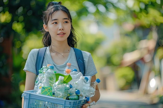 Foto eine asiatische frau sammelt müll und hält einen mülleimer mit plastikflaschen im freien