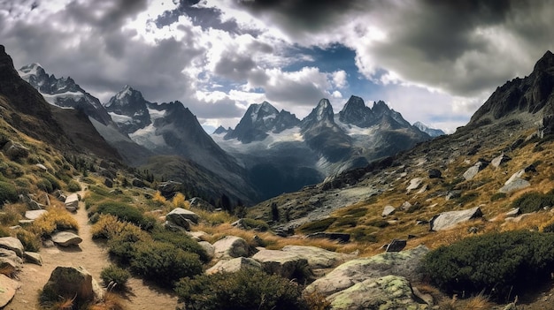 Eine Berglandschaft mit bewölktem Himmel und Bergen im Hintergrund.