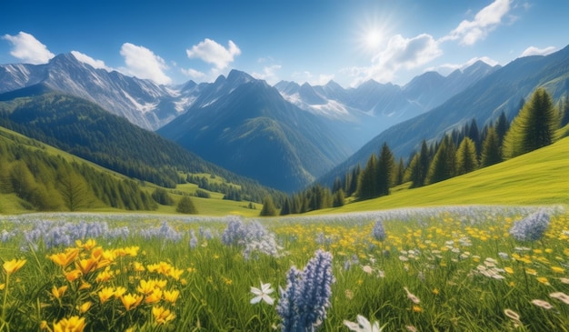 Foto eine berglandschaft mit einem feld von blumen und bergen im hintergrund