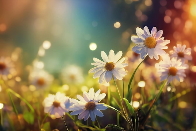 Eine Blumenwiese mit einem Regenbogen im Hintergrund