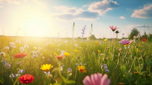 Eine Blumenwiese mit einem Sonnenuntergang im Hintergrund