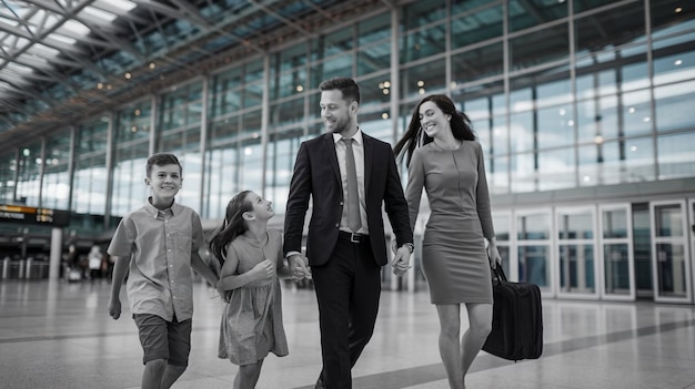 Foto eine familie geht mit ihren eltern durch einen flughafen