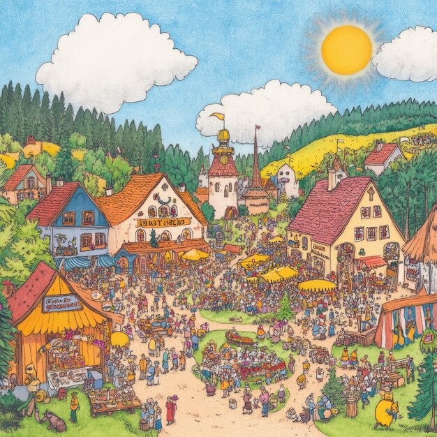 Foto eine farbenfrohe illustration eines mittelalterlichen dorfmarktes mit menschen, die einkaufen, essen und sich amüsieren