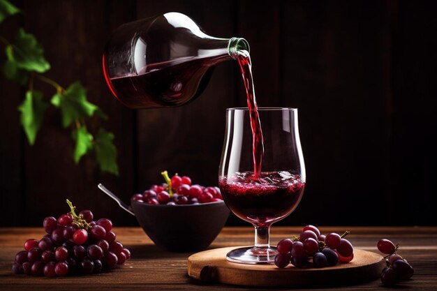 Foto eine flasche wein, die in ein glas mit trauben auf einem holztisch gegossen wird