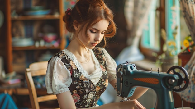 Foto eine frau in einem kleid sitzt auf einem stuhl und sie näht