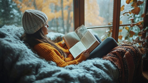 Foto eine frau liest ein buch am fenster