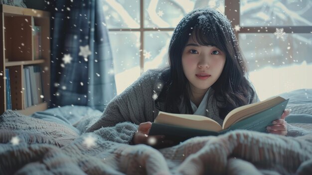 Foto eine frau liest ein buch in einem schneebedeckten fenster