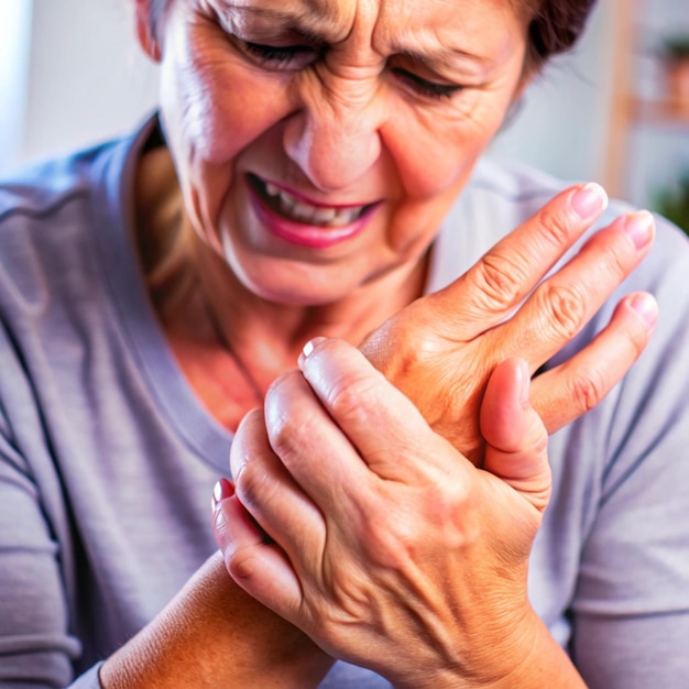 eine Frau mit einem Verband an der Hand hält ihren Ellbogen