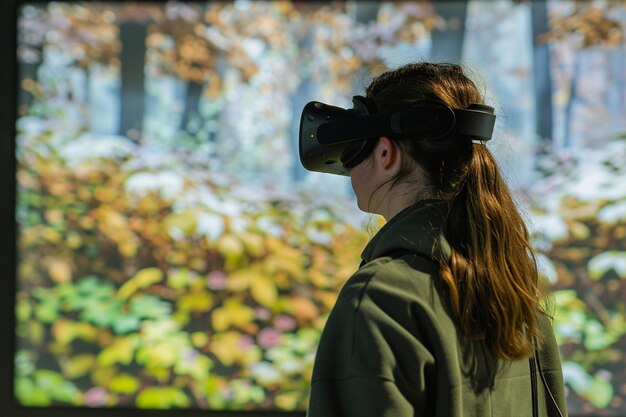 Foto eine frau mit einem virtual-reality-headset schaut auf einen bildschirm