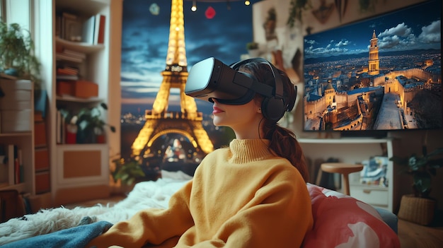 Foto eine frau mit einem vr-headset schaut sich eine virtuelle aussicht auf den eiffelturm in paris an