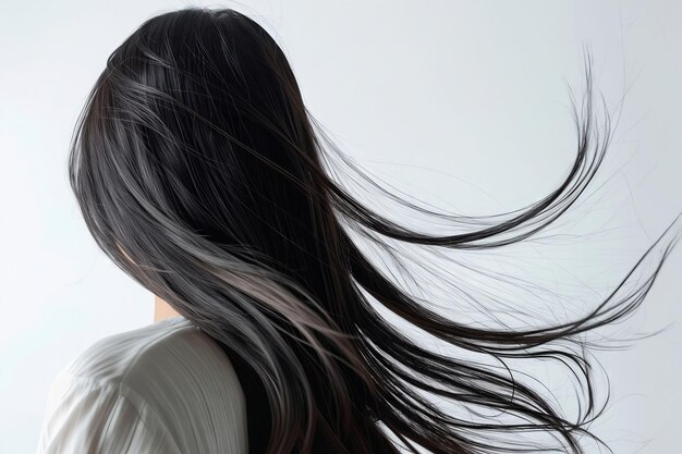 Foto eine frau mit langen schwarzen haaren, die im wind weht