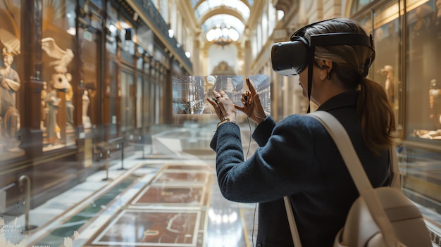 Foto eine frau mit vr-gläsern erlebt eine virtuelle tour durch ein kunstmuseum und interagiert mit digitalen displays