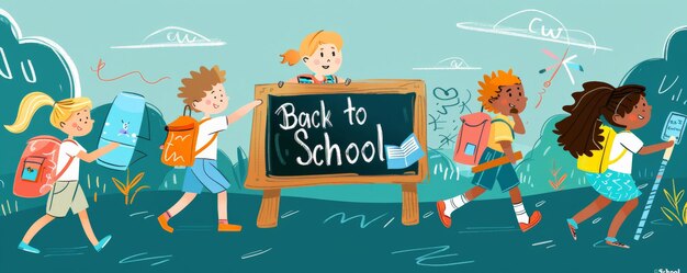 Foto eine fröhliche back-to-school-illustration mit kindern, die rucksäcke, eine tafel und eine schule tragen