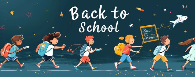 Foto eine fröhliche back-to-school-illustration mit kindern, die rucksäcke, eine tafel und eine schule tragen