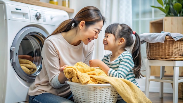 Foto eine fröhliche mutter und ihre tochter verbinden sich bei der wäsche in einem gemütlichen zuhause