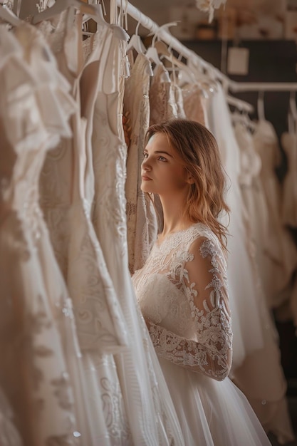 Foto eine gastgeberin des hochzeitssalons schaut sich das hochzeitskleid an