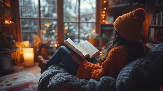 Foto eine gemütliche lesecone in einem warm beleuchteten wohnzimmer im herbst mit einer person, die ein buch am fenster liest