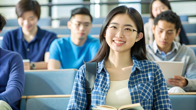 Foto eine glückliche asiatische studentin besucht einen unterricht an der universität und schaut in die kamera.