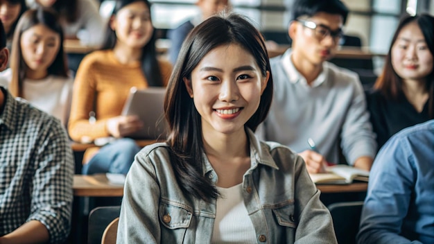 Foto eine glückliche asiatische studentin besucht einen unterricht an der universität und schaut in die kamera.