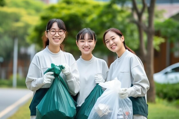 Foto eine gruppe junger japanischer freiwilliger beim aufräumen von müll aus einem nationalpark sie stecken den müll in säcke zum entfernen zum recycling