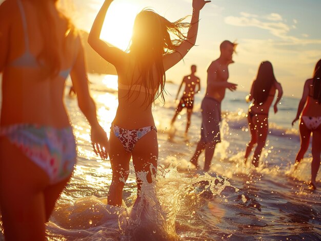 Foto eine gruppe von frauen spielt mit einem strandball auf einem strand.