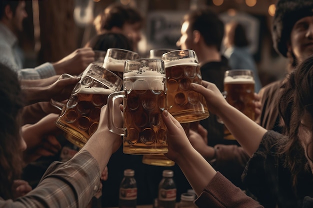 Foto eine gruppe von freunden hält biergläser in der hand, während sie an der bar einen krug trinken