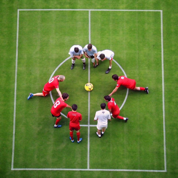 eine Gruppe von Fußballspielern hüpft sich um einen Kreis mit der Nummer 10 drauf