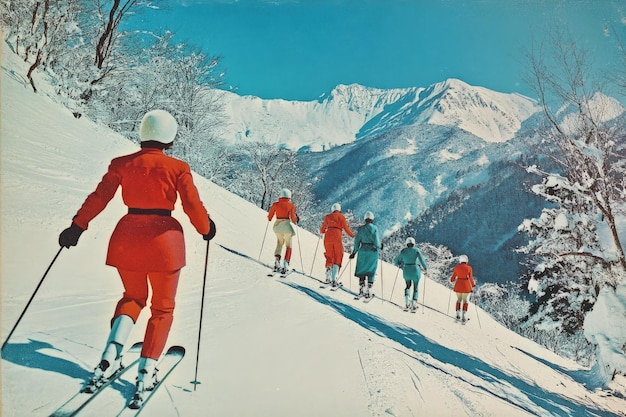 Foto eine gruppe von menschen fährt mit den skis einen schneebedeckten hang hinunter