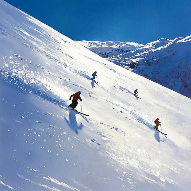 Foto eine gruppe von skifahrern fährt einen schneebedeckten berg hinunter