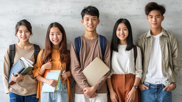 Foto eine gruppe von studenten, die für ein foto posieren, mit einem, der einen rucksack trägt, und einer von ihnen hat ein buch in seinem