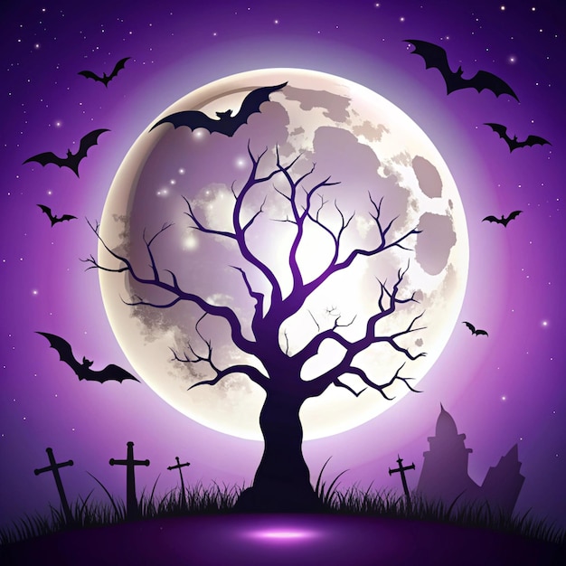 eine Halloween-Illustration mit Fledermäusen und einem Vollmond im Hintergrund