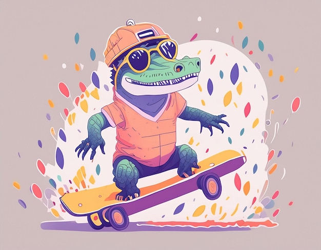 Foto eine illustration eines dinosauriers mit hut und sonnenbrille auf einem skateboard