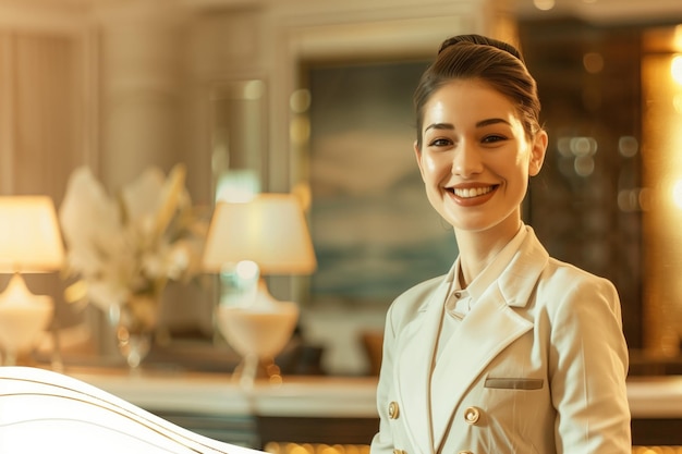 Foto eine lächelnde frau in einer schicken uniform steht in einer anspruchsvollen, warm beleuchteten hotellobby