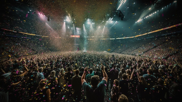 Eine lebhafte Party mit vielen Menschen in einer Arena, Konfetti, einer langen Linse und generativer KI