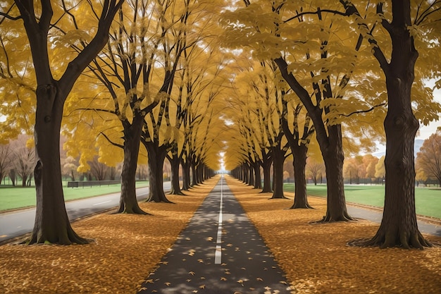 Foto eine mit bäumen gesäumte straße mit gelben blättern, die im herbst auf die straße fallen