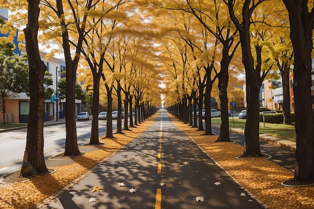 Foto eine mit bäumen gesäumte straße mit gelben blättern, die im herbst auf die straße fallen