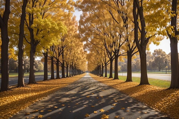 Eine mit Bäumen gesäumte Straße mit gelben Blättern, die im Herbst auf die Straße fallen