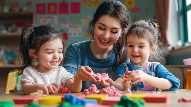 Foto eine mutter und ihre kinder spielen mit einem spielzeug mit dem wort 