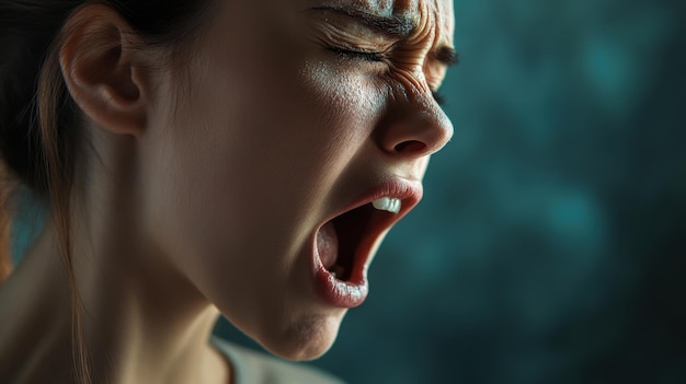 Foto eine nahaufnahme einer frau, die starke emotionen ausdrückt, die einen moment des intensiven schreiens vor einem weichen hintergrund erfasst